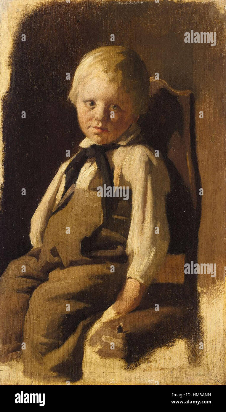 'Bauernjunge auf einem Stuhl sitzend' (Garçon paysan assis sur une chaise) de Wilhelm Leibl, peint en 1876/77, représente un garçon timide sur une chaise surdimensionnée, reflétant l'exploration du réalisme par Leibl et son accent sur l'apparence extérieure des sujets. Banque D'Images