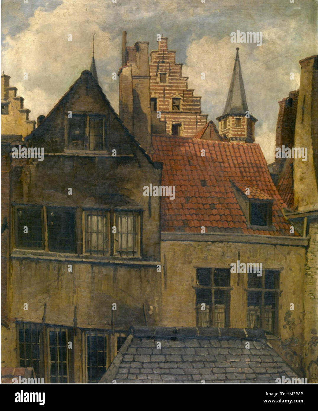 La peinture de Hendrik Frans Schaefels, « la Vleeshuis et les maisons anciennes », capture la beauté architecturale d'un quartier historique de Belgique. Le tableau montre la Vleeshuis, un bâtiment médiéval à Anvers, entouré par les charmantes maisons de la vieille ville, reflétant la riche histoire de la région au XVIIe siècle. Banque D'Images