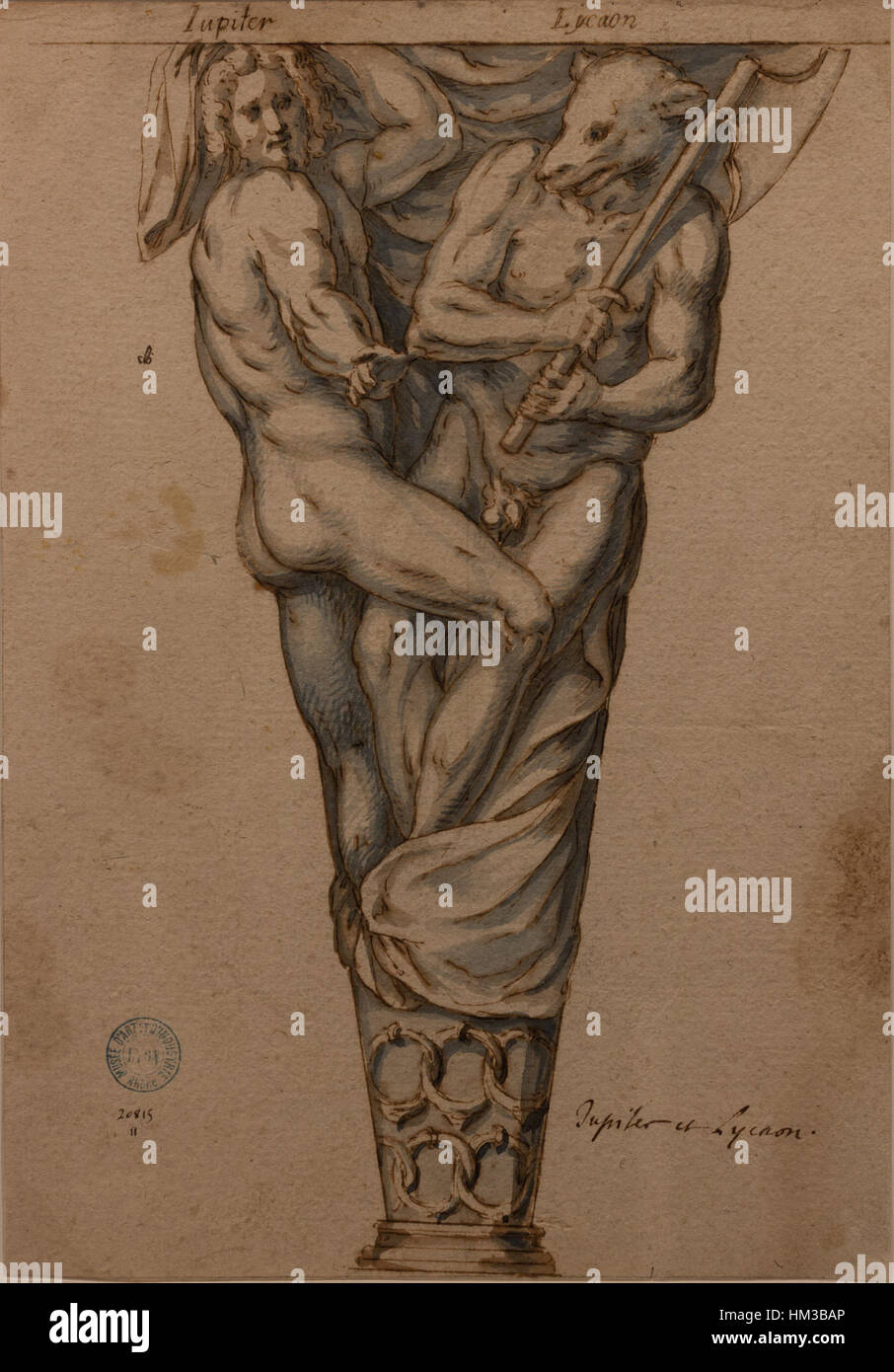 Jupiter et Lycaon d’Hugues Sambin, créé en 1595, représente le conte mythologique de Jupiter et Lycaon. L'œuvre d'art, une combinaison d'encre, de lavage brun et d'aquarelle bleue, capture le moment dramatique de la mythologie grecque, mettant l'accent sur la technique délicate de l'artiste. Banque D'Images
