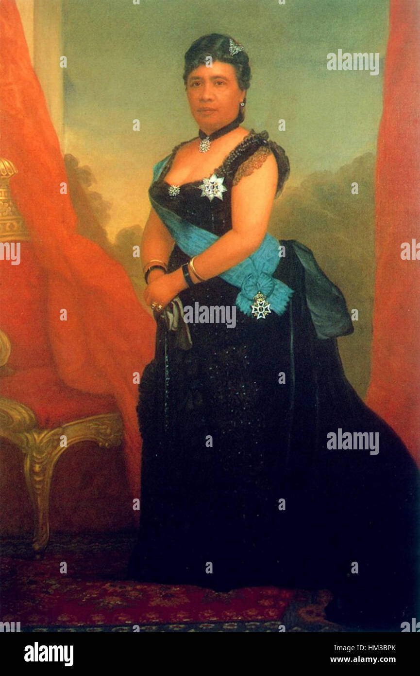 Portrait de la reine Liliuokalani, peint par William Cogswell, montrant le monarque hawaïen en tenue royale traditionnelle. La peinture est placée sur la toile de fond du palais Iolani, le siège de la monarchie hawaïenne pendant son règne. Banque D'Images