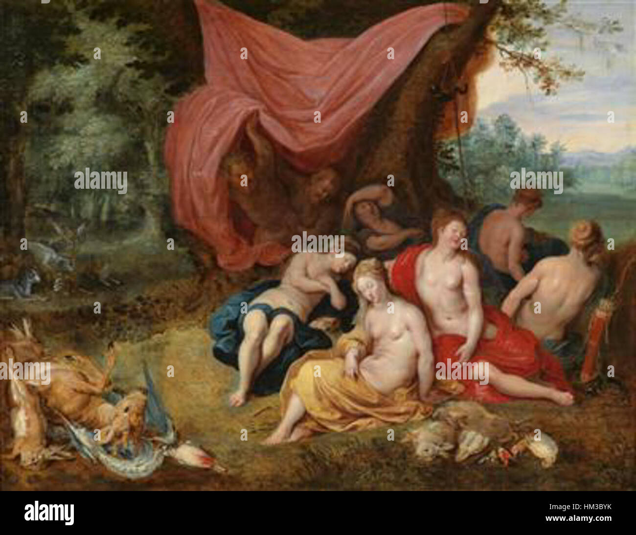 Cette peinture de Jan Brueghel II et Jan van Balen représente la déesse Diana et ses nymphes se reposant après une chasse, observée par des satyres, mettant en valeur les éléments naturalistes et mythologiques du baroque du XVIIe siècle Banque D'Images