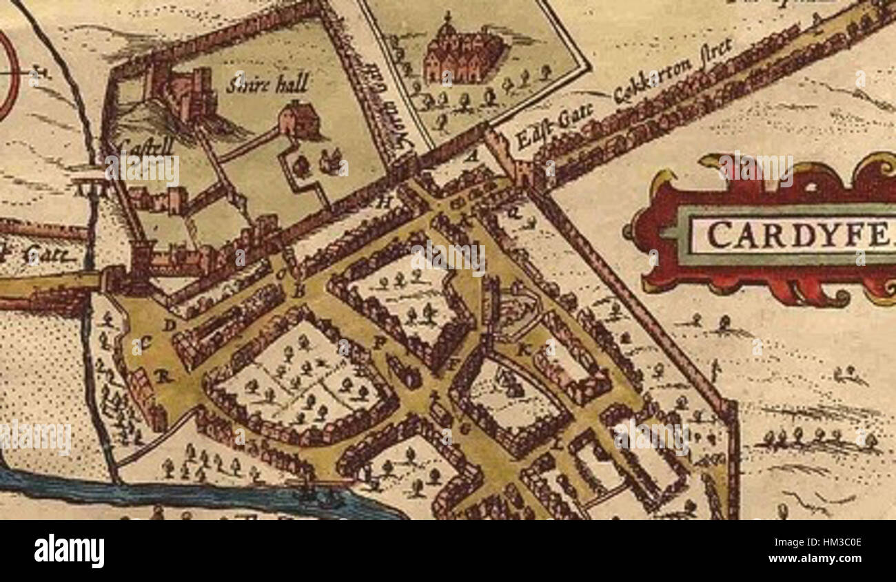 La carte du XVIIe siècle de Cardiff, au pays de Galles, par John Speed, illustre la configuration de la ville, mettant en évidence ses principaux monuments et caractéristiques géographiques. Connu pour son style cartographique détaillé, le travail de Speed reste un document historique précieux. Banque D'Images