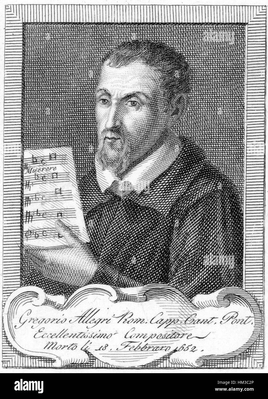 Gregorio Allegri, compositeur et musicien italien, est connu pour ses compositions chorales, dont le célèbre 'Miserere Mei, Deus', qui a grandement influencé la musique sacrée baroque et les performances liturgiques. Banque D'Images