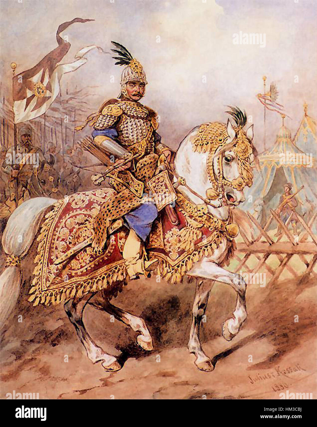 Cette œuvre d'art de Kossak Jul représente un 'Rotmistrz pancerny' ou officier de cavalerie lourde polonaise, mettant en valeur les regalia militaires et la fierté du Commonwealth polono-lituanien au XVIIe siècle. Banque D'Images