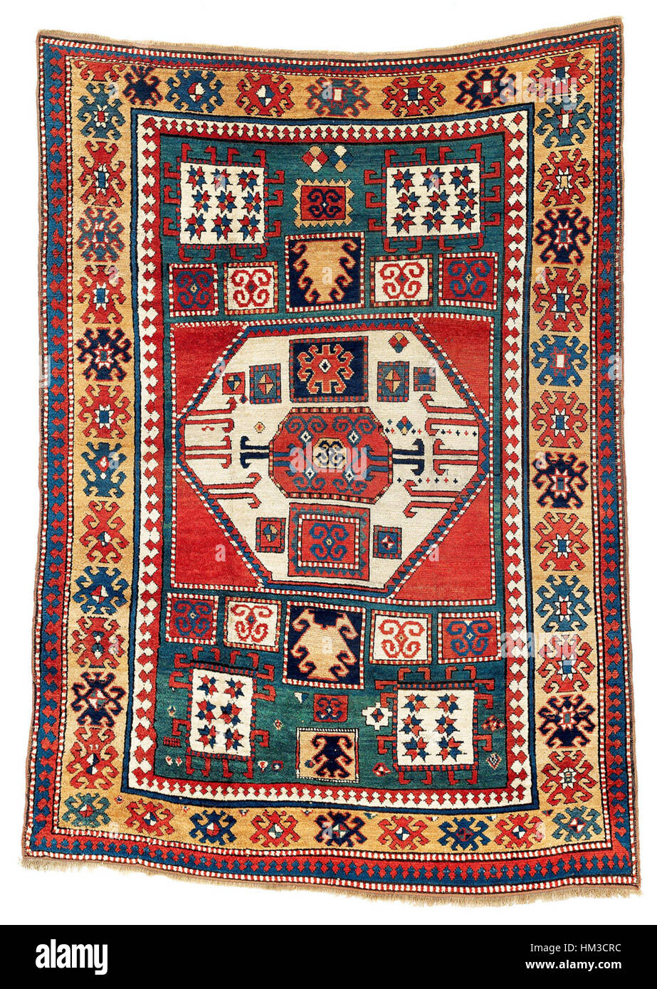 Le tapis kazak Karachov, datant du milieu du XIXe siècle, est connu pour ses motifs géométriques audacieux et ses couleurs éclatantes. Originaire de la région du Caucase, ce tapis traditionnel illustre les techniques de tissage et les éléments de design caractéristiques du style kazak. Banque D'Images