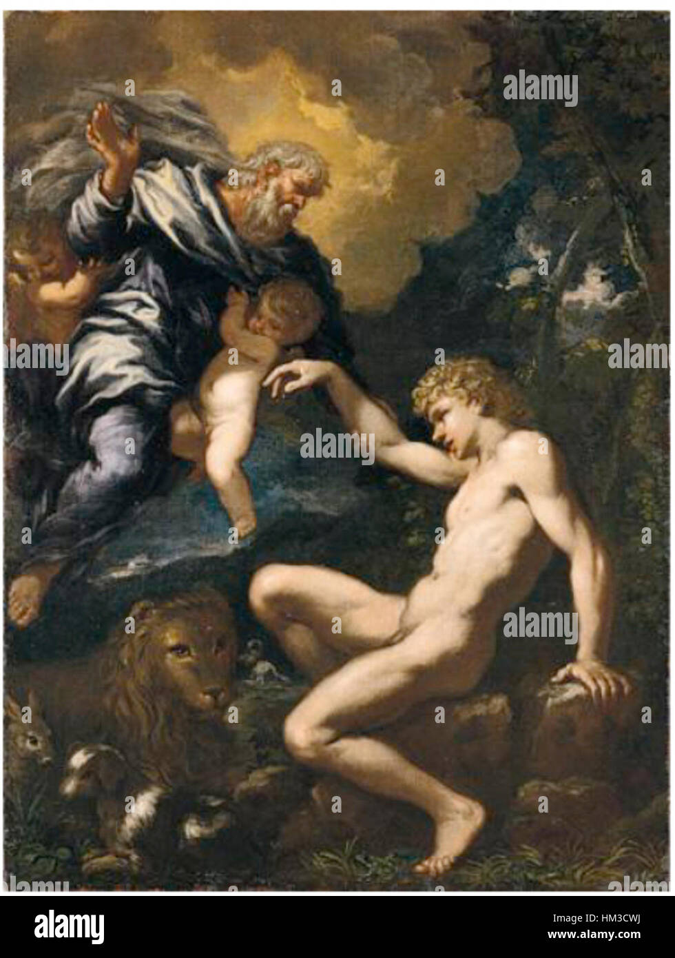 La Création d'Adam, une peinture à l'huile de Lieven Mehus, représente une scène biblique de la création d'Adam, reflétant le talent de Mehus pour présenter des thèmes religieux avec un art classique et une attention méticuleuse aux détails. Banque D'Images