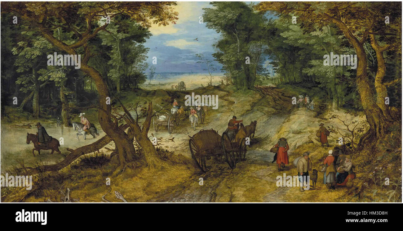 « Un paysage boisé avec des voyageurs sur un chemin » de Jan Brueghel I présente une scène de paysage sereine et détaillée avec des voyageurs voyageant à travers une zone boisée. La peinture reflète la maîtrise de Brueghel des scènes de la nature et sa capacité à capturer la profondeur et la lumière. Banque D'Images