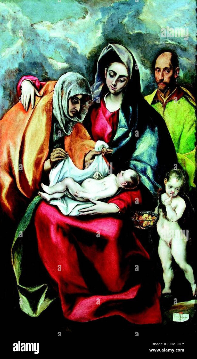 La Sagrada Familia d'El Greco dépeint la Sainte famille avec une utilisation dramatique de la couleur et de la lumière. Peint à la fin du XVIe siècle, il reflète l’interprétation unique de l’artiste des figures religieuses, mettant en valeur son style maniériste. Banque D'Images