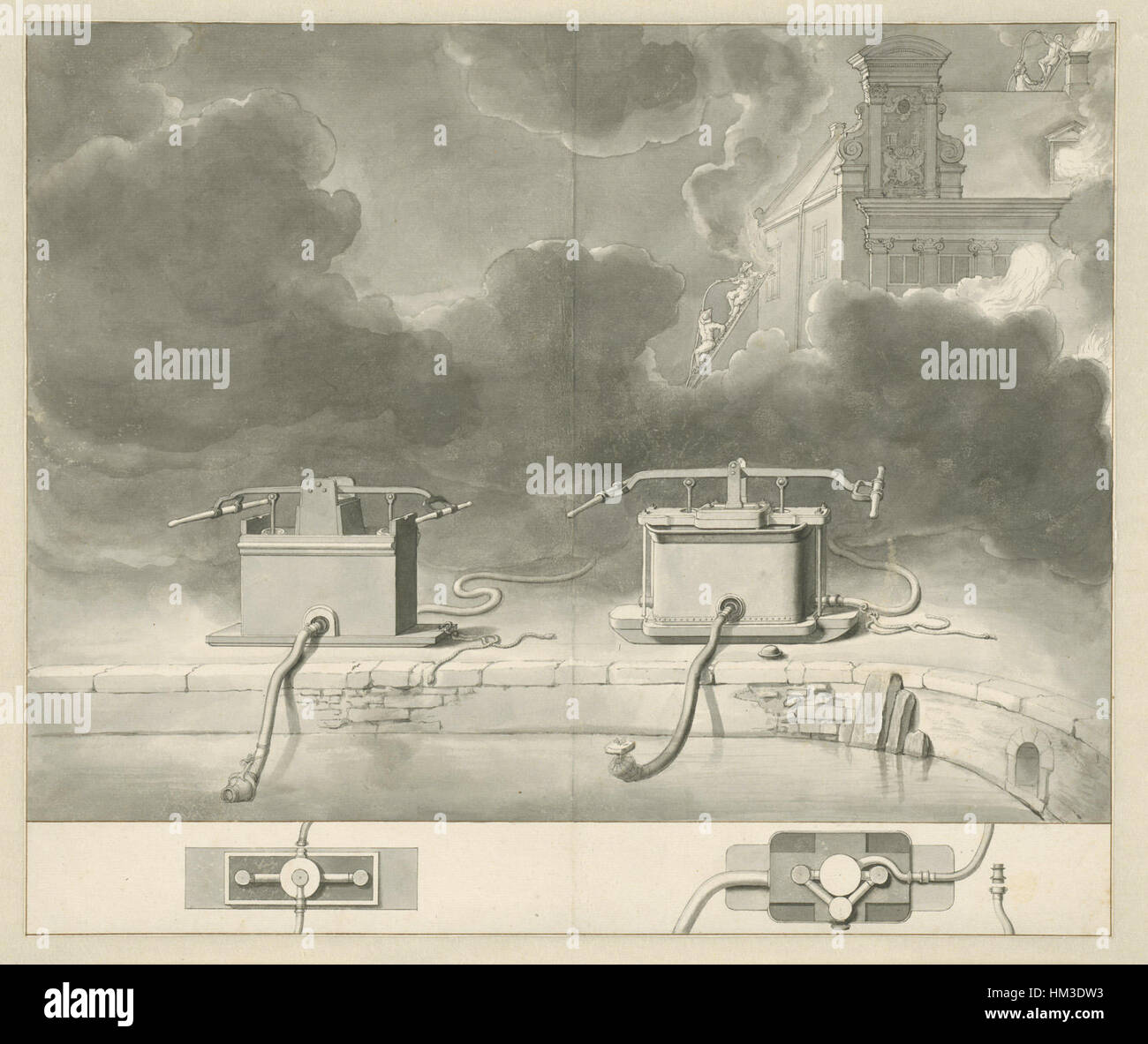 Cette peinture du XVIIe siècle de Jan van der Heyden représente deux engins de pompiers stationnés près d'un canal à Amsterdam. L'œuvre démontre l'habileté de l'artiste à capturer la vie urbaine, ainsi que son attention aux détails architecturaux et aux effets atmosphériques. Banque D'Images