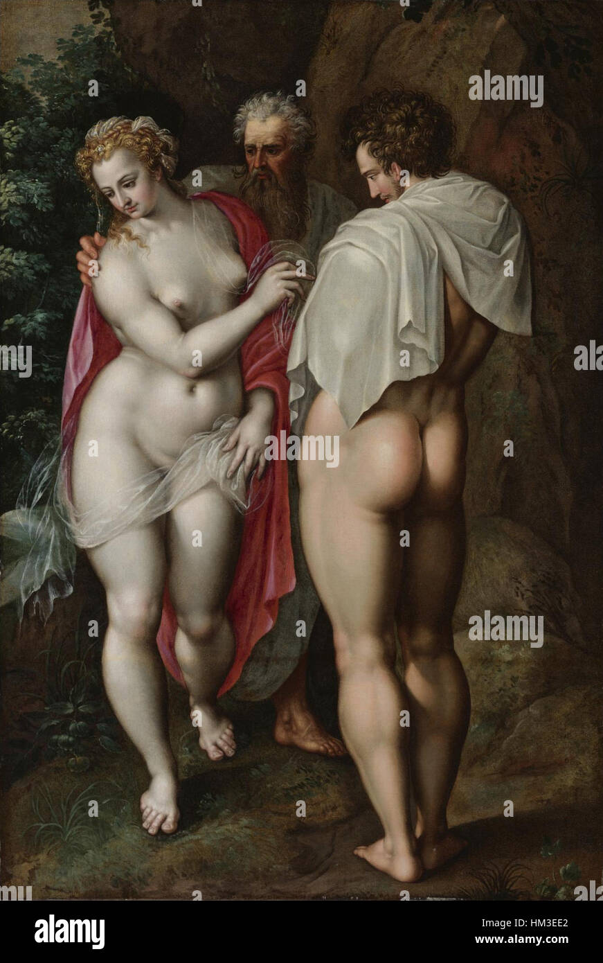 La peinture 'Adam et Ève' de Jacob de Backer représente les personnages bibliques au moment de la tentation, présentant son œuvre détaillée pendant la Renaissance. Banque D'Images