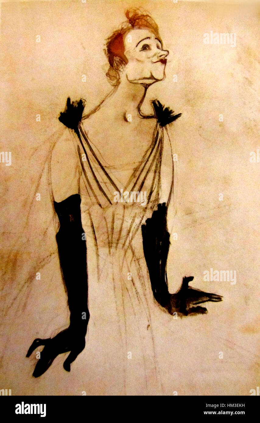 La peinture d'Henri de Toulouse-Lautrec 'Yvette Guilbert gants noirs' représente la célèbre chanteuse de cabaret française Yvette Guilbert portant des gants noirs. L’œuvre met en valeur la maîtrise de Toulouse-Lautrec dans la représentation des figures théâtrales de la scène nocturne parisienne. Banque D'Images