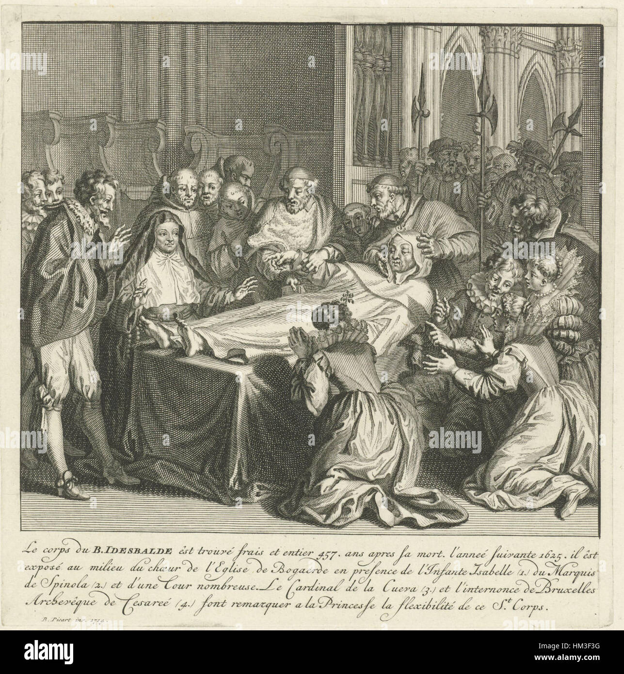 Cette peinture représente le corps incorrompu de Saint Idesbald, une figure chrétienne notable. L’œuvre représente la préservation posthume du saint, phénomène considéré comme un signe de sainteté dans la tradition catholique. Banque D'Images