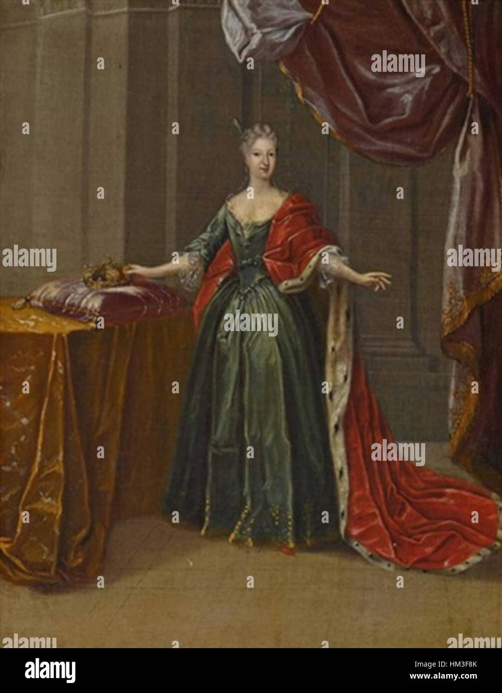 Le tableau représente Maria Antonia Walpurgis de Bavière, une princesse connue pour son influence culturelle. La scène la montre entourée d'artisans et d'ouvriers, illustrant le lien entre le mécénat royal et le développement artistique à son époque. Banque D'Images