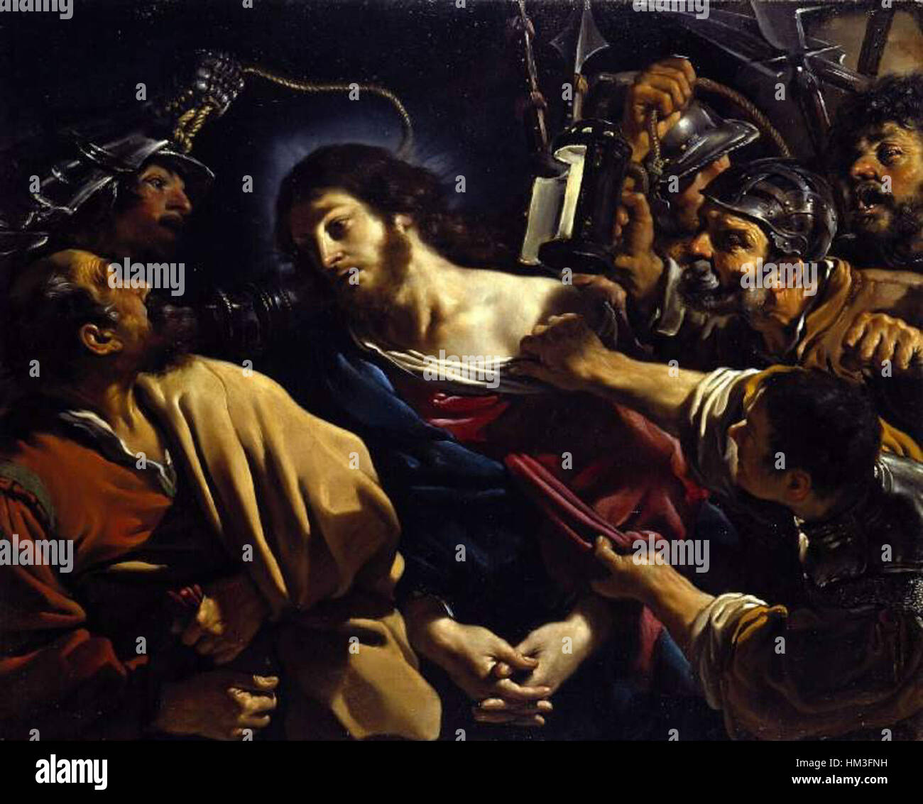 Une peinture de Guercino représentant la scène biblique de l'arrestation du Christ dans le jardin de Gethsémani. L'utilisation dramatique de la lumière et de l'ombre souligne l'intensité émotionnelle du moment. Banque D'Images