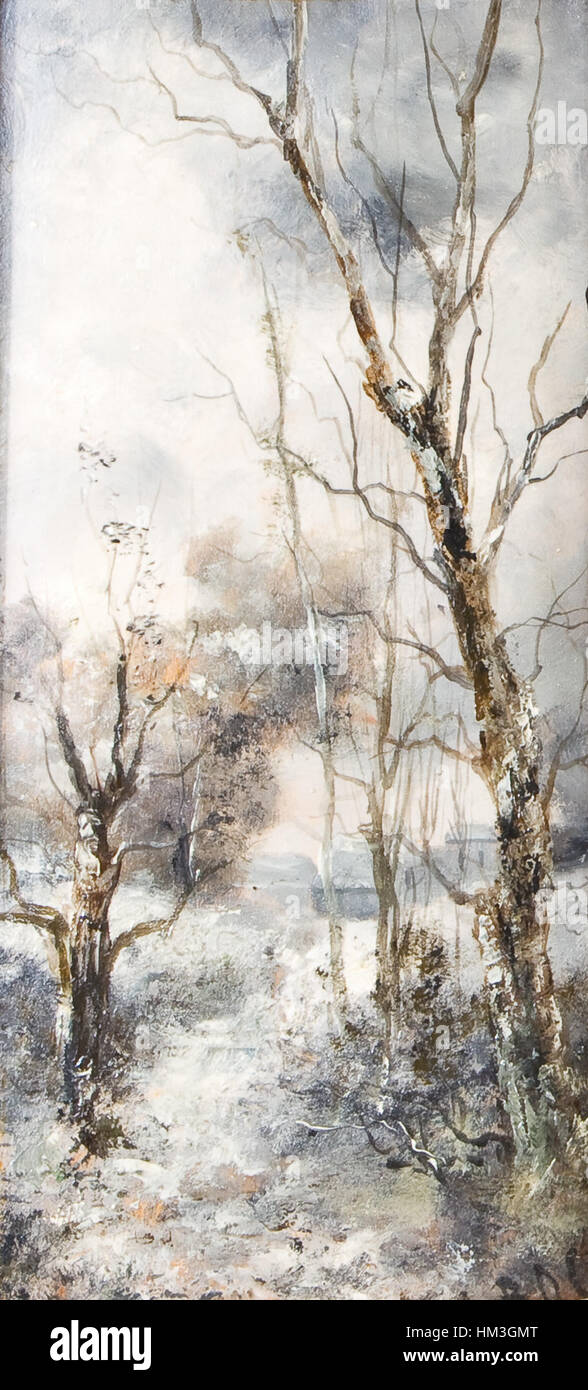 Cette peinture de paysage hivernal de Karl Roux dépeint une scène forestière sereine et enneigée. L'artiste capture la tranquillité et la beauté froide de la forêt en hiver, en utilisant un pinceau détaillé pour souligner le contraste entre la neige blanche et les arbres sombres. Banque D'Images