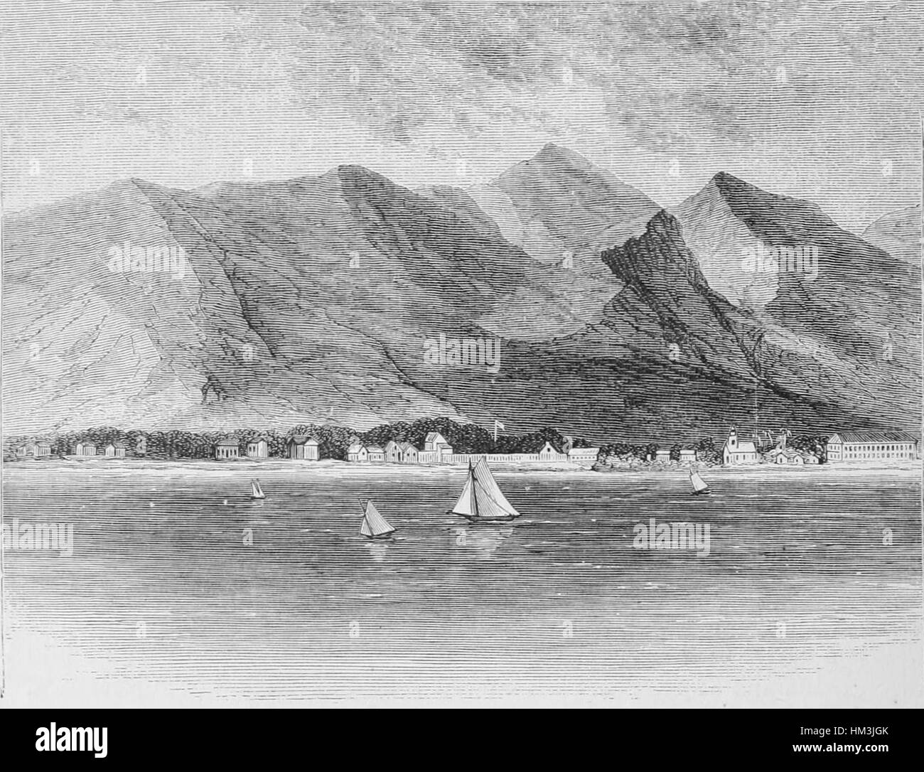 Cette illustration en noir et blanc de Nordhoff représente Lahaina, une ville sur l'île hawaïenne de Maui. Le dessin reflète le caractère unique de la ville, capturant la beauté et la simplicité de son cadre côtier. Banque D'Images