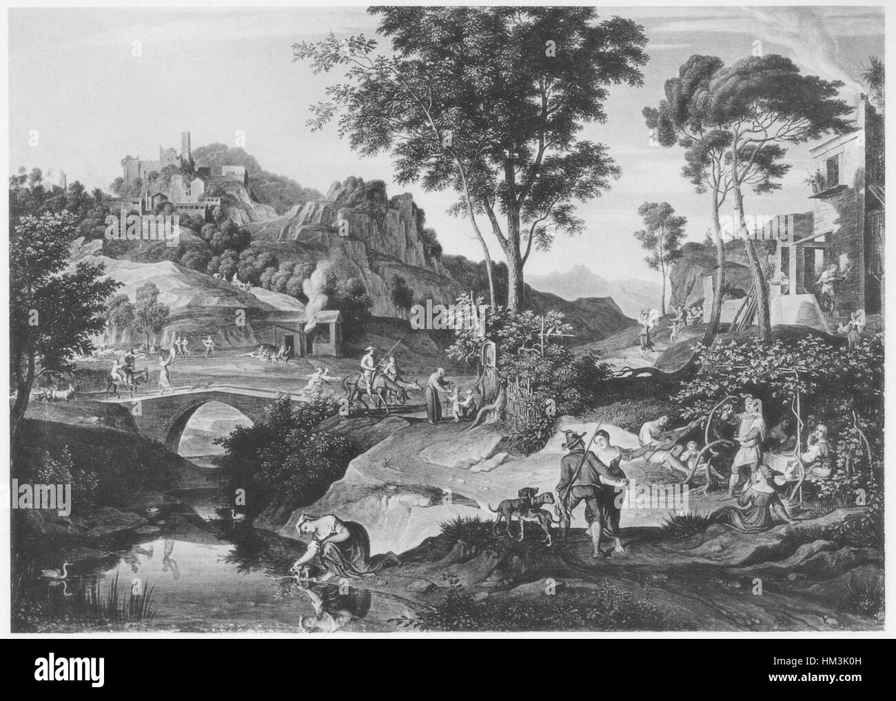 Landschaft mit Don Quichotte de Joseph Anton Koch représente le célèbre personnage littéraire Don Quichotte dans un paysage dramatique. La peinture souligne les éléments romantiques et idéalisés de l'histoire de Quichotte, sur un fond naturel vif et expansif. Banque D'Images