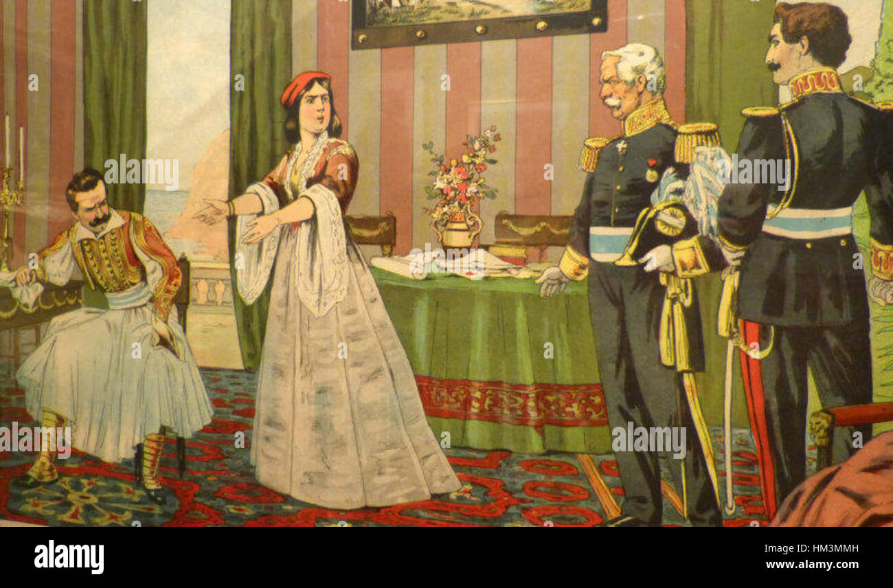 Cette peinture représente le roi Otto et la reine Amélie de Grèce dans un cadre formel, recevant leurs ministres, soulignant l'atmosphère royale et politique de la monarchie grecque du XIXe siècle. Banque D'Images