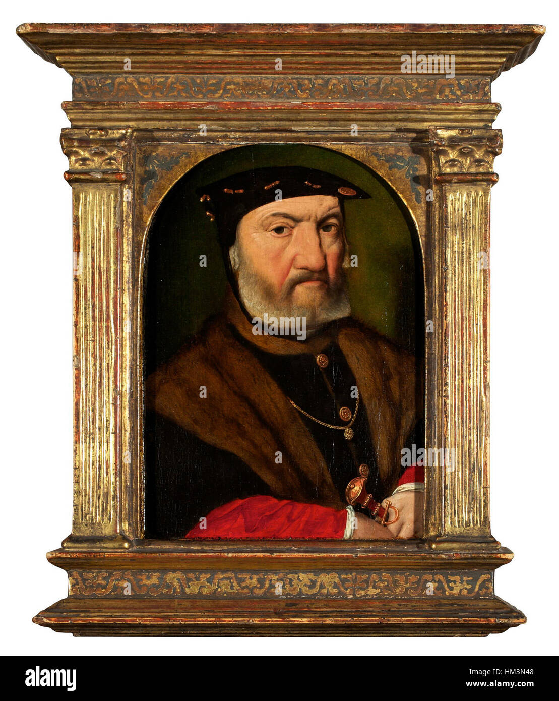 Joos van Cleve, Portrait d'un homme barbu, buste longueur, portant un chapeau noir, tenant une dague Banque D'Images