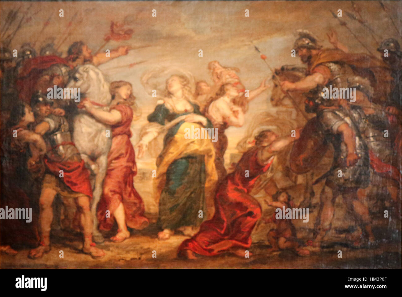 Cette peinture de Justus van Egmont, 'Romains Sabins', capture le moment dramatique de l'enlèvement des femmes Sabines romaines. La scène historique, basée sur la mythologie romaine, illustre la tension entre les Romains et les Sabins. L’œuvre combine des thèmes classiques avec une expression émotionnelle intense et une composition dynamique. Banque D'Images