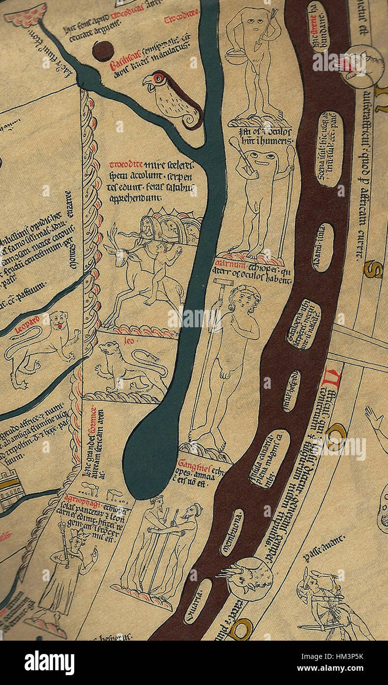 Le *Hereford Mappa Mundi* est l’une des plus grandes cartes médiévales du monde, et la section africaine dépeint le continent de manière stylisée et symbolique. La carte, créée au XIVe siècle, reflète la compréhension médiévale de la géographie et du monde, mettant en valeur des éléments mythologiques et réels dans un mélange de caractéristiques artistiques et géographiques. Banque D'Images