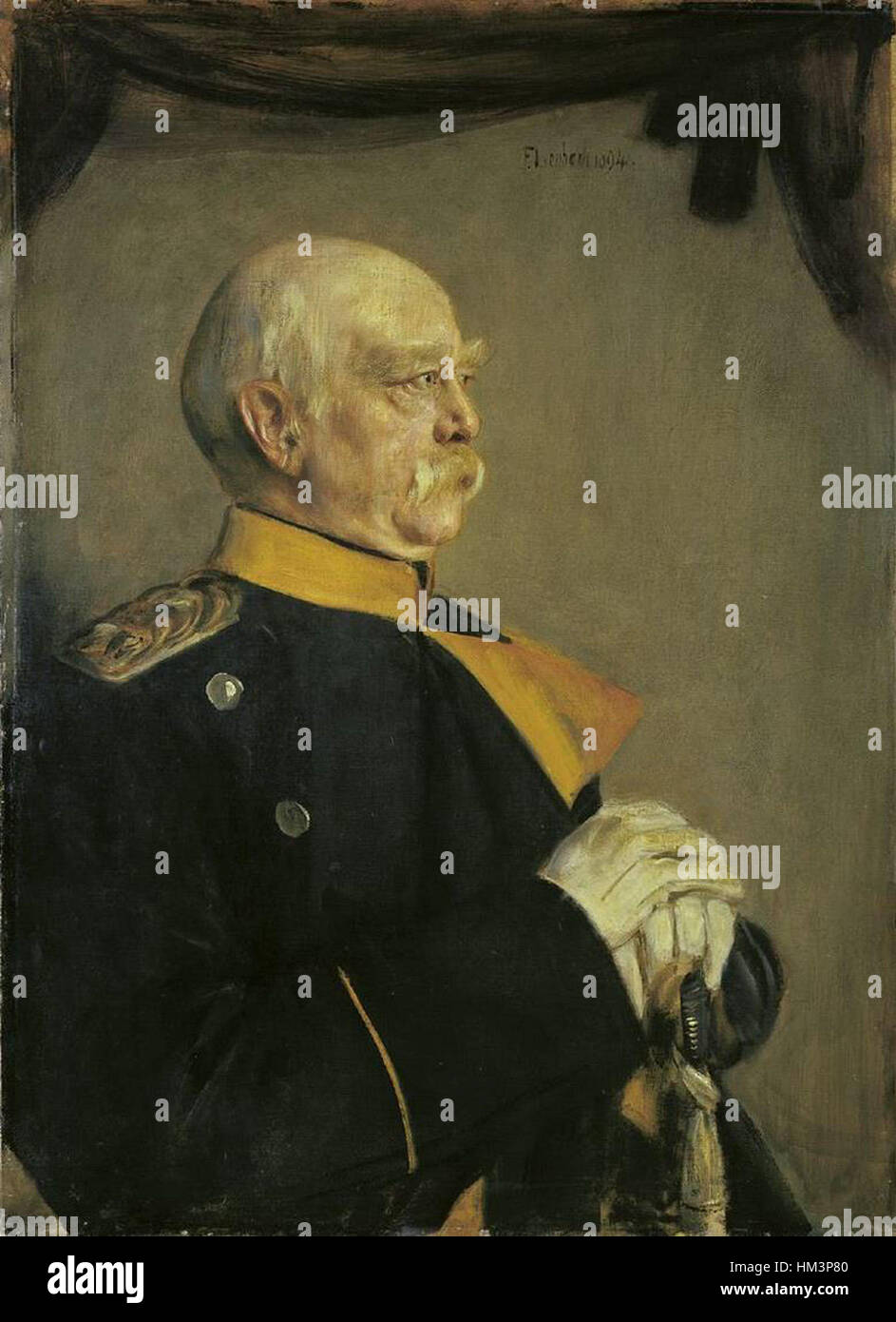 Le portrait d'Otto von Bismarck réalisé par Franz von Lenbach en 1894 capture l'homme d'État allemand dans une pose digne et faisant autorité. Connu pour ses portraits très détaillés, Lenbach souligne la présence dominante et les qualités de leadership de Bismarck. Banque D'Images