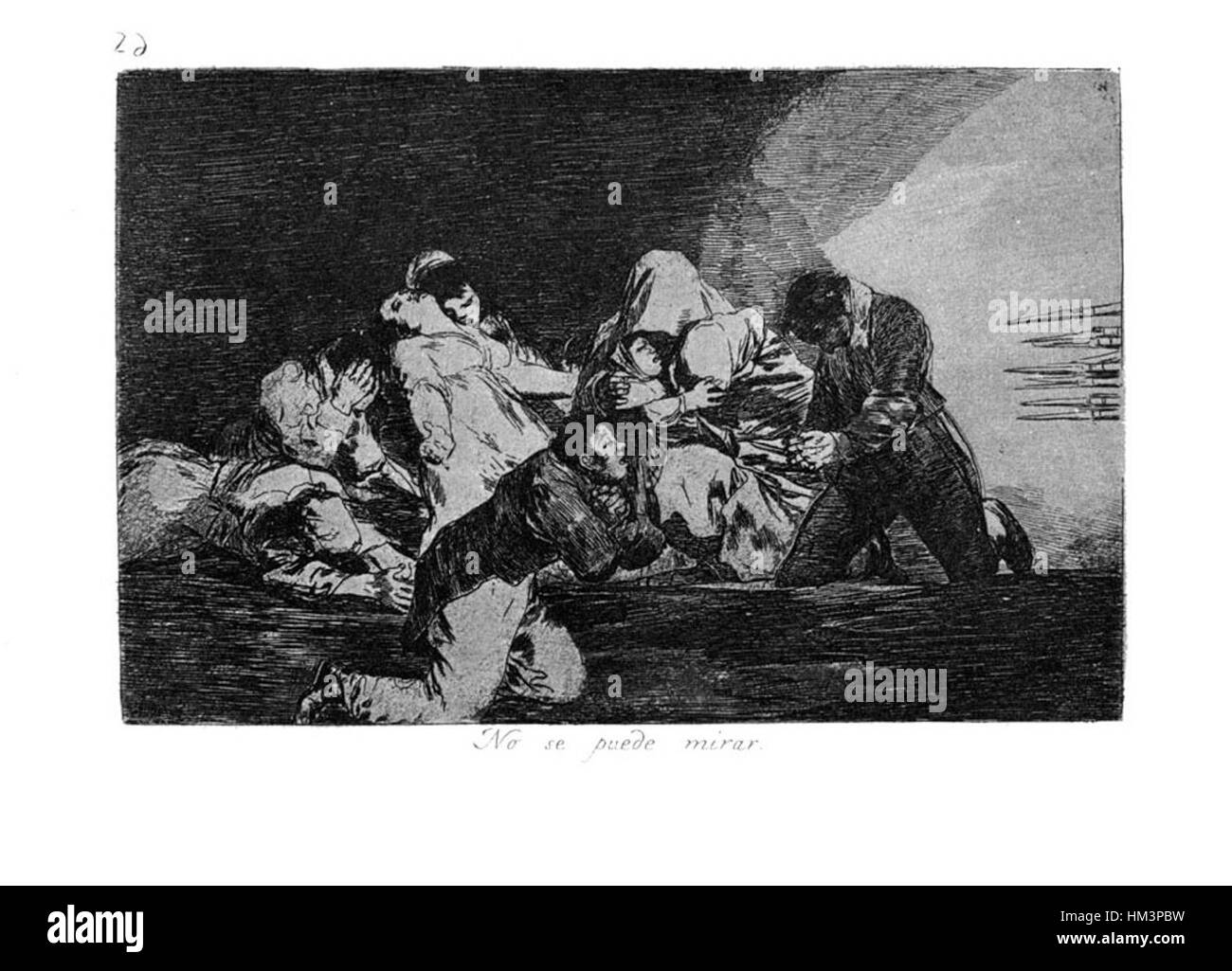 L'œuvre intitulée 'Goya-Guerra (26)' fait partie d'une série de Francisco de Goya, capturant l'intensité émotionnelle et dramatique de la guerre d'indépendance espagnole. La pièce reflète la tourmente et la souffrance humaine de l'époque. Banque D'Images
