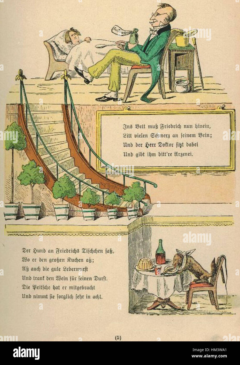 Image tirée de 'Struwwelpeter', un livre allemand classique pour enfants de Heinrich Hoffmann, illustrant des scènes du conte d'un enfant qui se comporte mal. Banque D'Images
