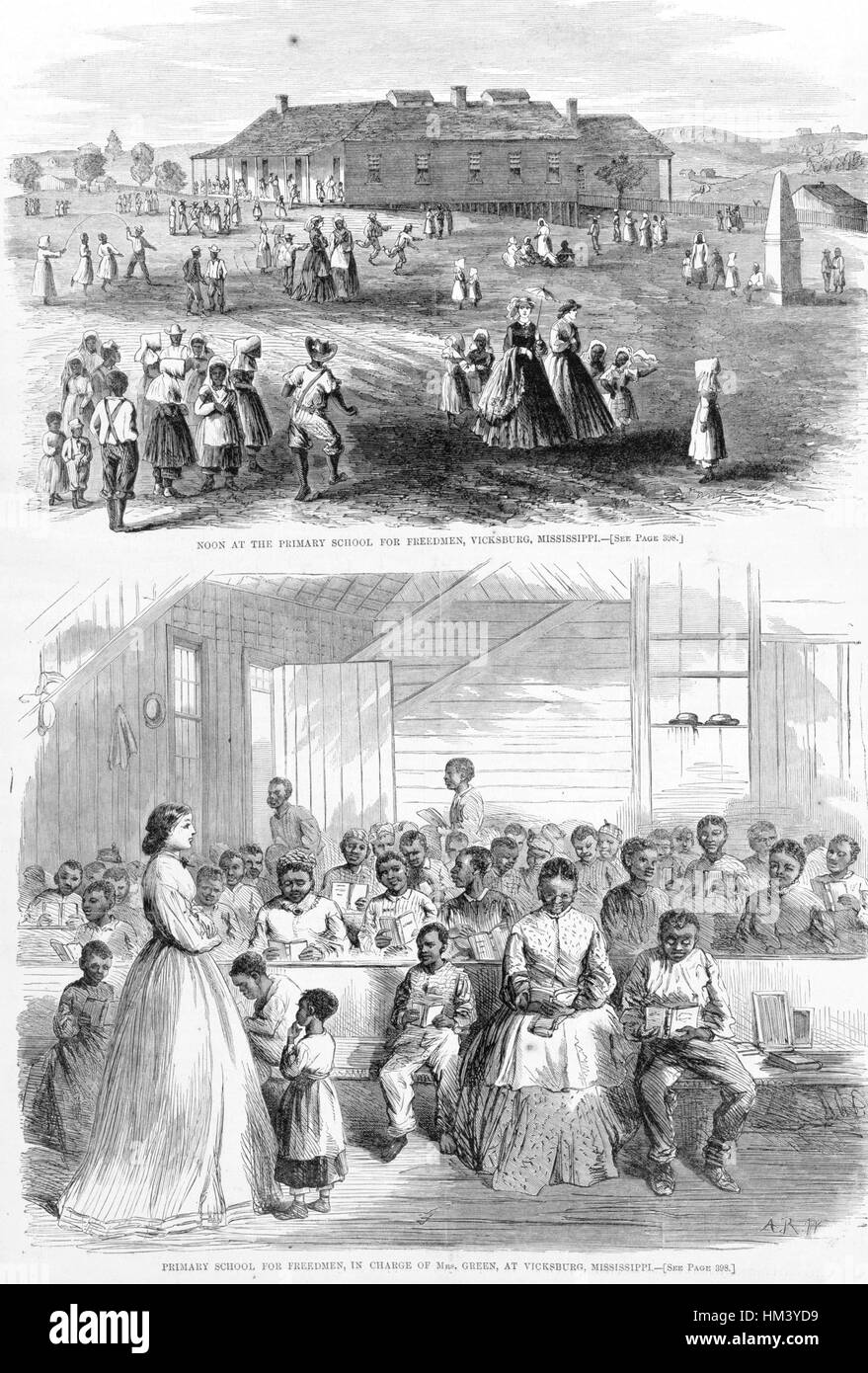 Les illustrations sur une page de Harper's Weekly Magazine, à la fois de l'école primaire de Freedman au Mississippi, 1866. À partir de la Bibliothèque publique de New York. Banque D'Images