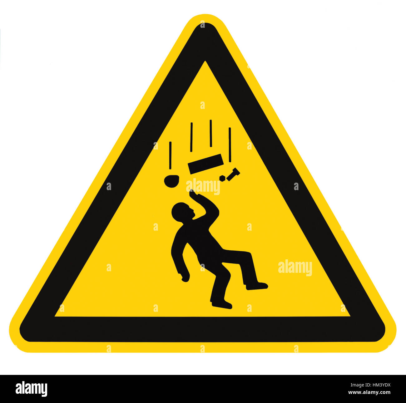 Panneau d'avertissement Danger, chute d'objets isolés, label triangle noir sur jaune, grand macro closeup Banque D'Images