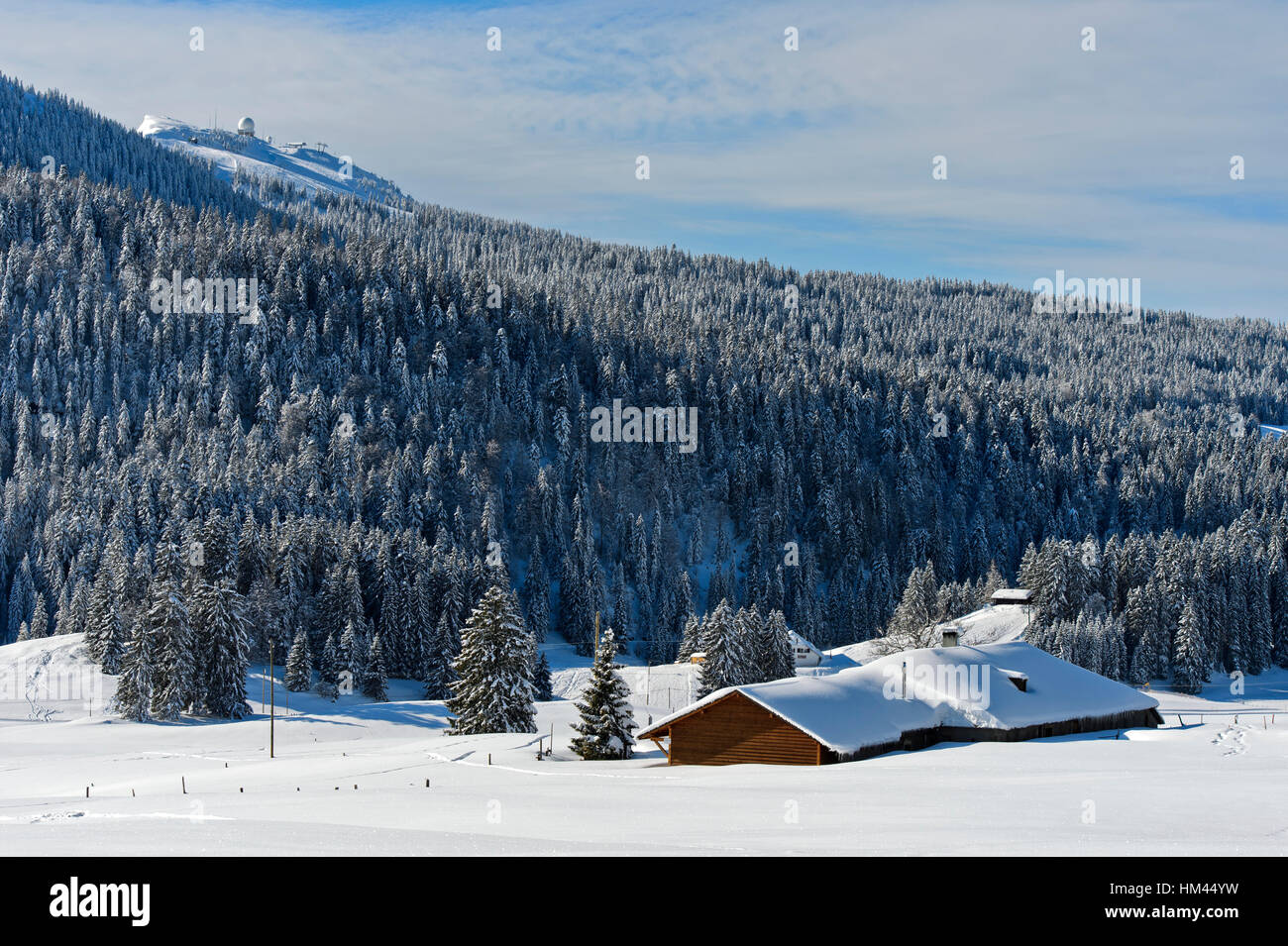 Paysage d'hiver au Col de la Givrine avec le pic de la Dole dans le jura suisse, Saint-Cergue, Vaud, Suisse Banque D'Images