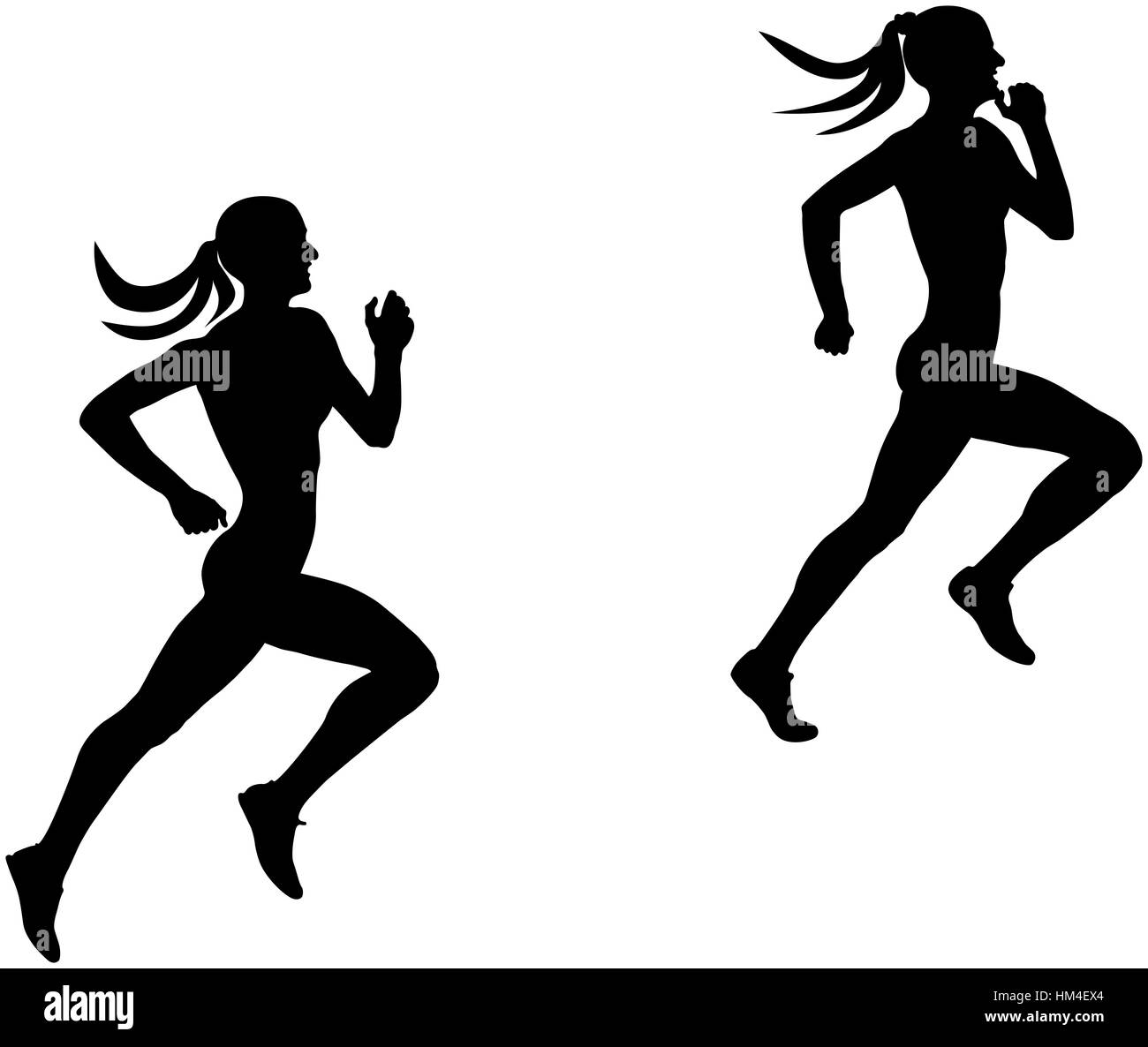 Deux slender female runner course de l'athlète noir silhouette Banque D'Images