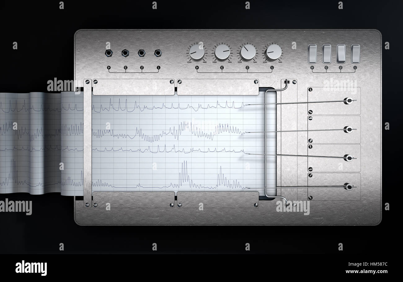 Un rendu 3D d'un polygraphe détecteur de mensonge machine encombrement des lignes rouges sur du papier graphique Banque D'Images