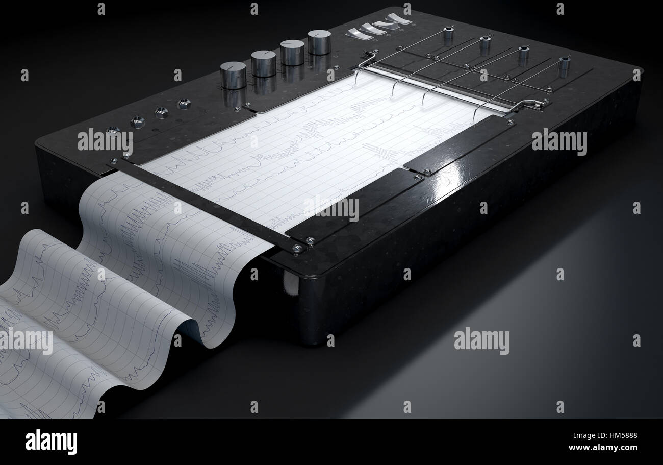 Un rendu 3D d'un polygraphe détecteur de mensonge machine encombrement des lignes rouges sur du papier graphique Banque D'Images