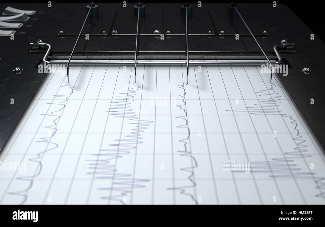 Un rendu 3D d'un polygraphe détecteur de mensonge machine encombrement des lignes rouges sur du papier graphique Banque D'Images