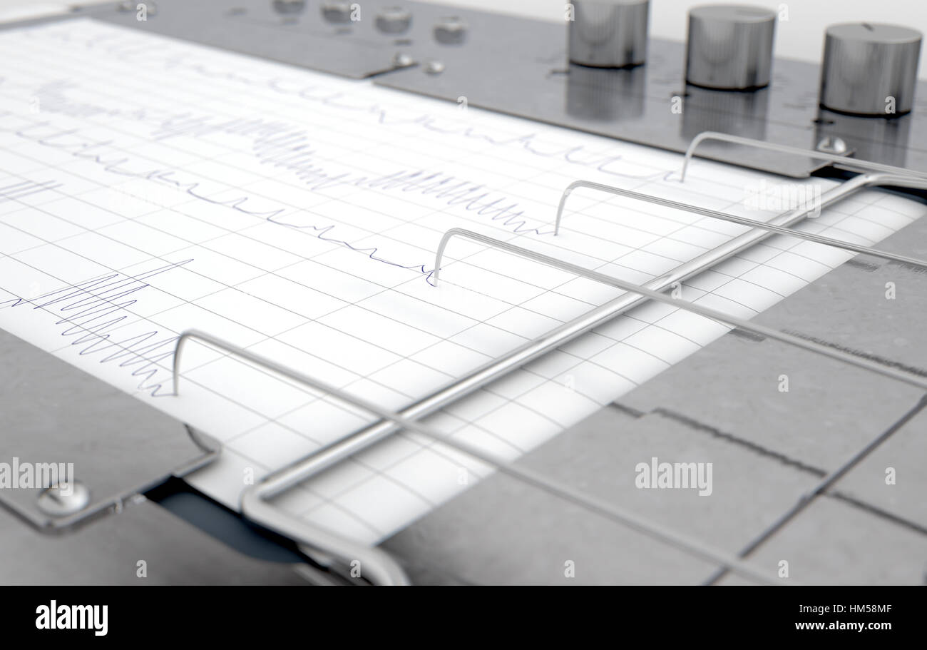 Un rendu 3D d'un polygraphe détecteur de mensonge machine encombrement des lignes rouges sur du papier graphique Banque D'Images