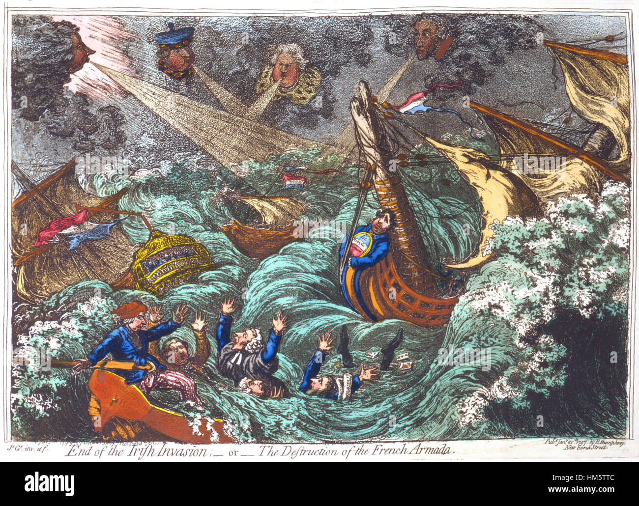 Fin de l'INVASION DE L'IRLANDE OU LA DESTRUCTION DE L'ARAMADA FRANÇAIS. Une couleur 1796 gravure de James Gillray montrant des navires français intitulé Le Revolutionaire, L'Egalité et le révolutionnaire Jolly Boat dans une tempête au large de la baie de Bantry soi-disant détruit par William Pitt le Jeune et d'autres politiciens anglais Banque D'Images