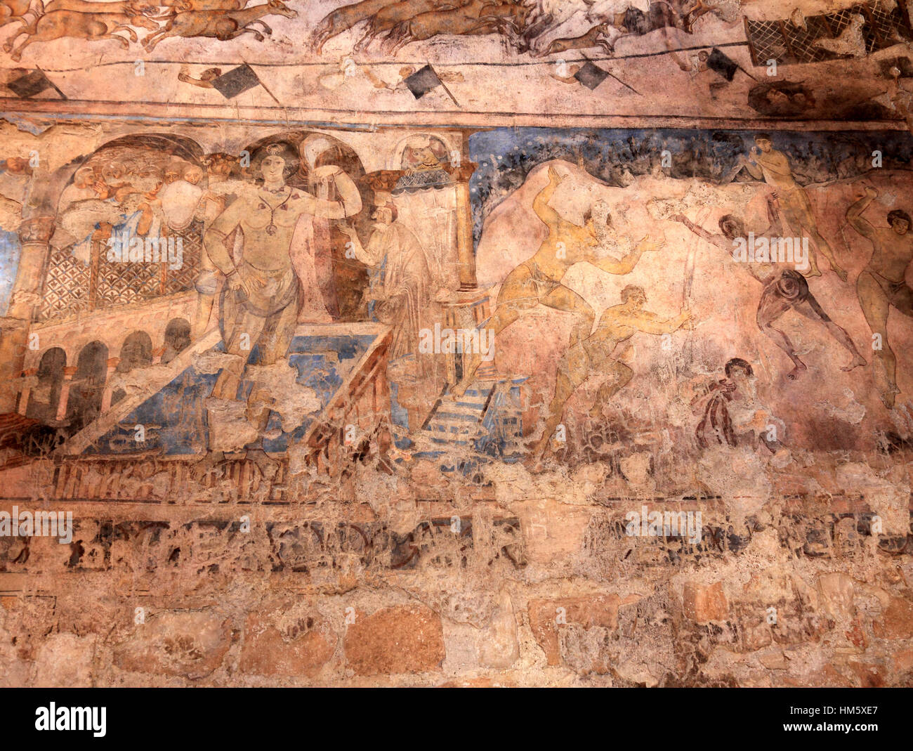 Fresques à l'intérieur de Qasr Amra, également transcrit Quseir Amra ou Qusayr Amra, est le plus connu des châteaux du désert situés dans l'est de la Jordanie Banque D'Images