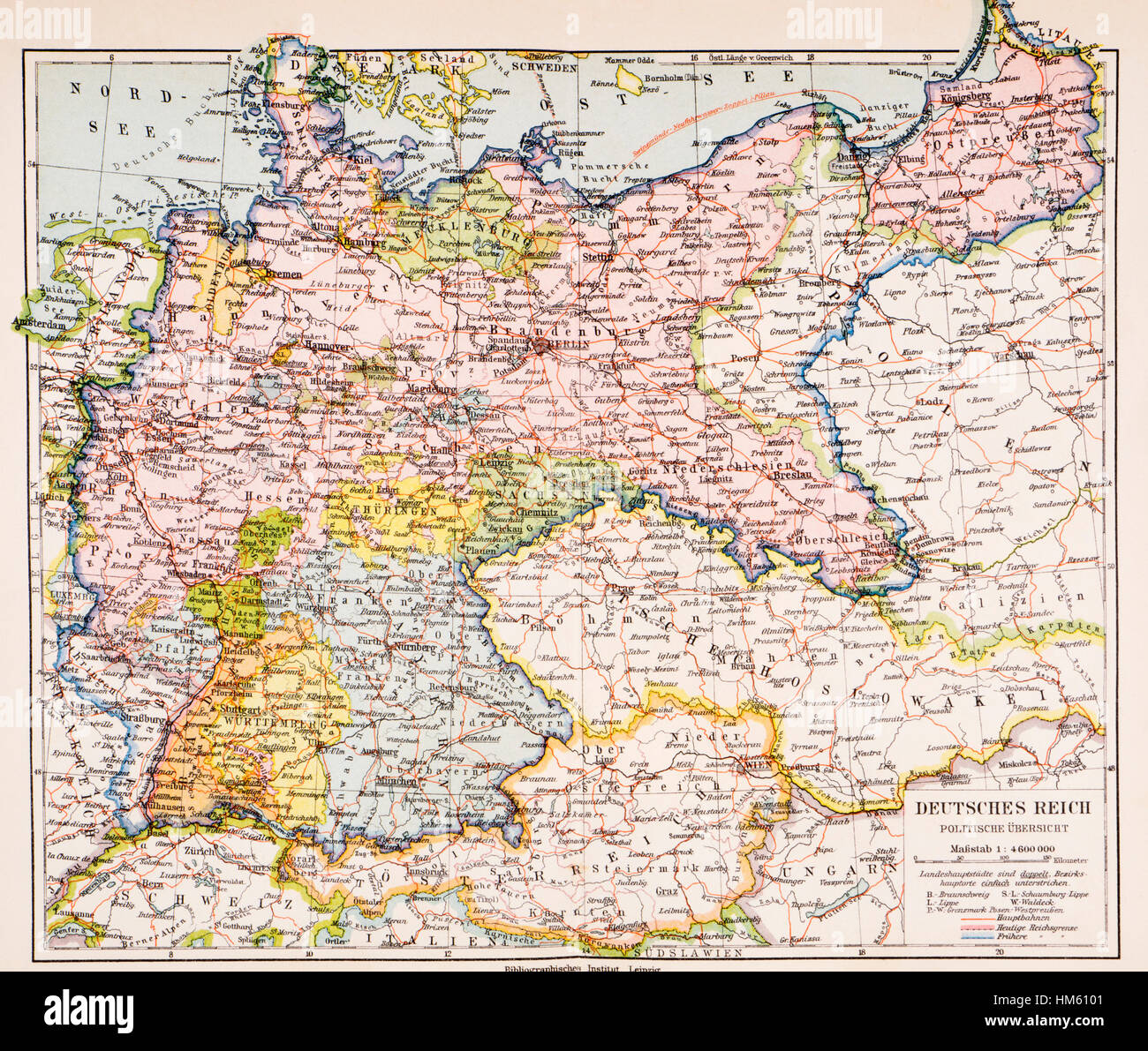 Carte de l'Allemagne entre la Première Guerre mondiale et la Deuxième Guerre mondiale. De Meyers lexique, publié en 1928. Banque D'Images