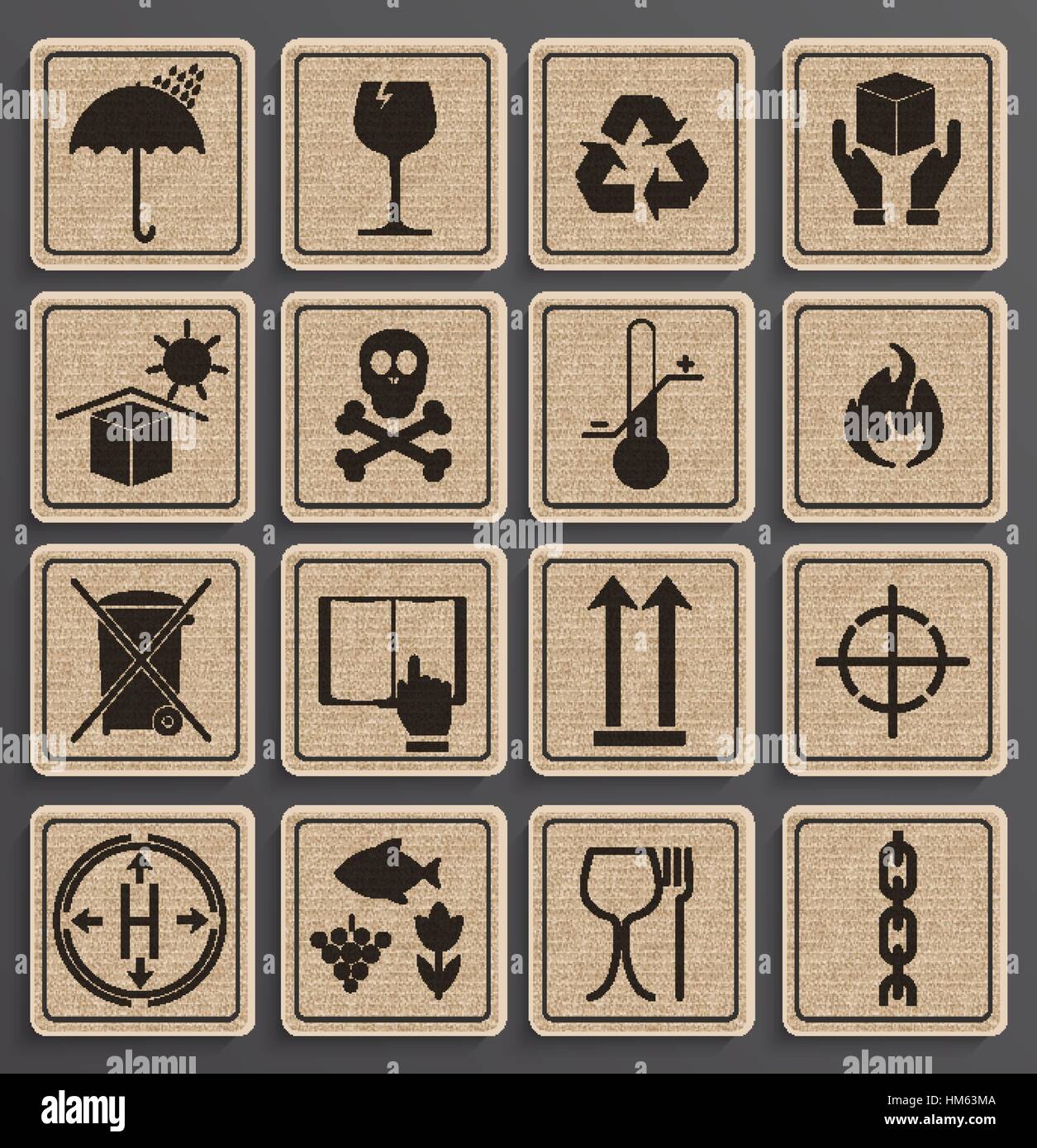 Ensemble de symboles d'emballage dans un papier style officiel. Icon Set y compris le recyclage des déchets, fragile, this side up, manipuler avec soin, garder au sec. Illustration de Vecteur