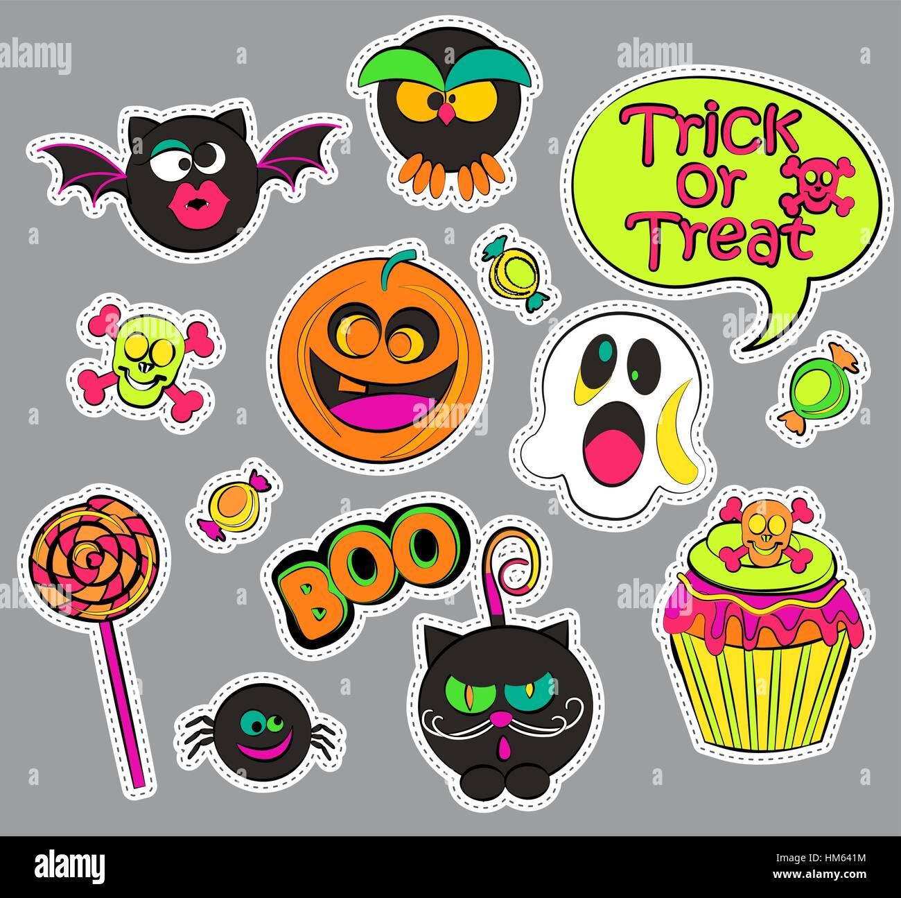 Badges patch Halloween avec ghost et de citrouilles, bonbons et chat, hibou et cupcake, crâne et bat, bulles de texte. Ensemble d'autocollants de la mode, icônes, les broches. Illustration de Vecteur
