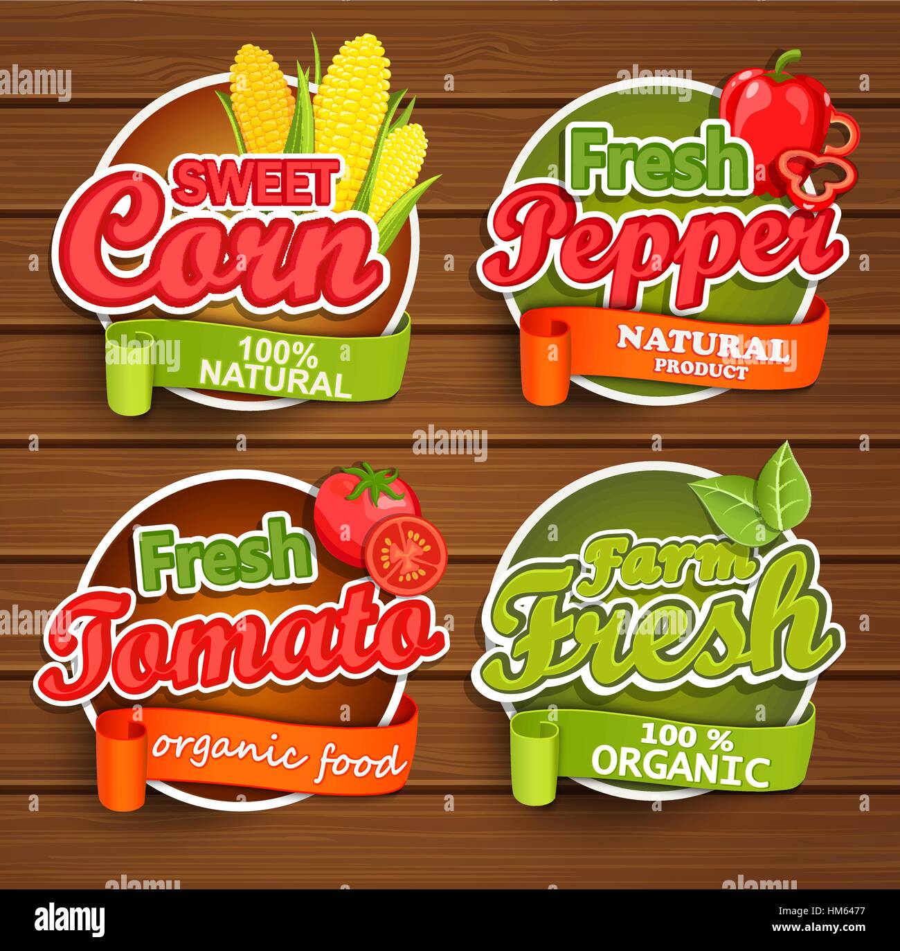 Farm Fresh, l'étiquette des aliments biologiques - Maïs doux, poivre,badges de tomate ou joints sur le fond en bois, vector illustration. Illustration de Vecteur