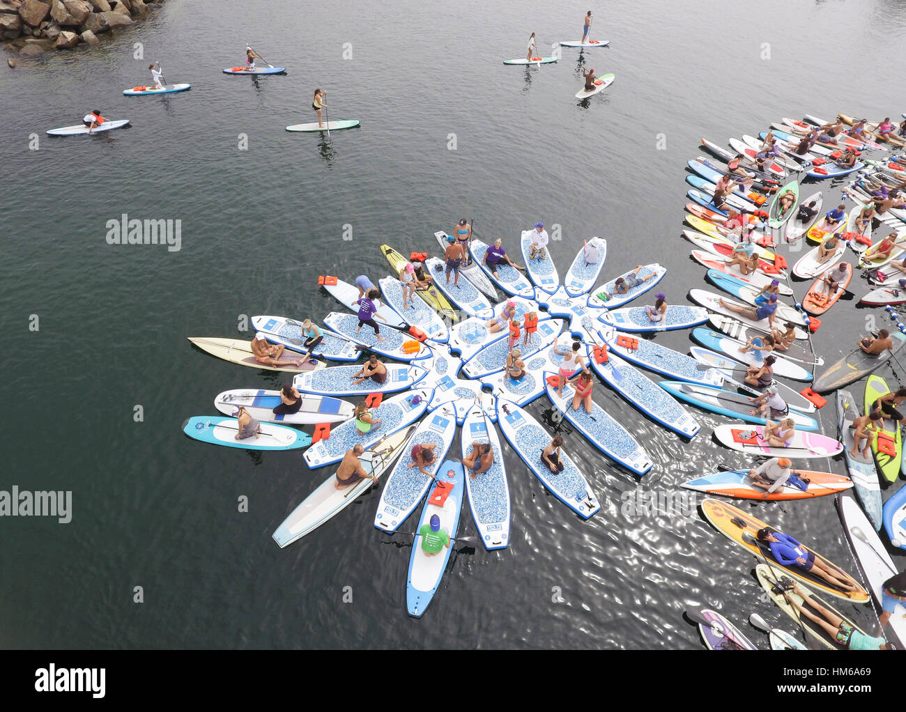 Vue aérienne de fleurs faites par stand-up paddle boarders (SUP) Banque D'Images