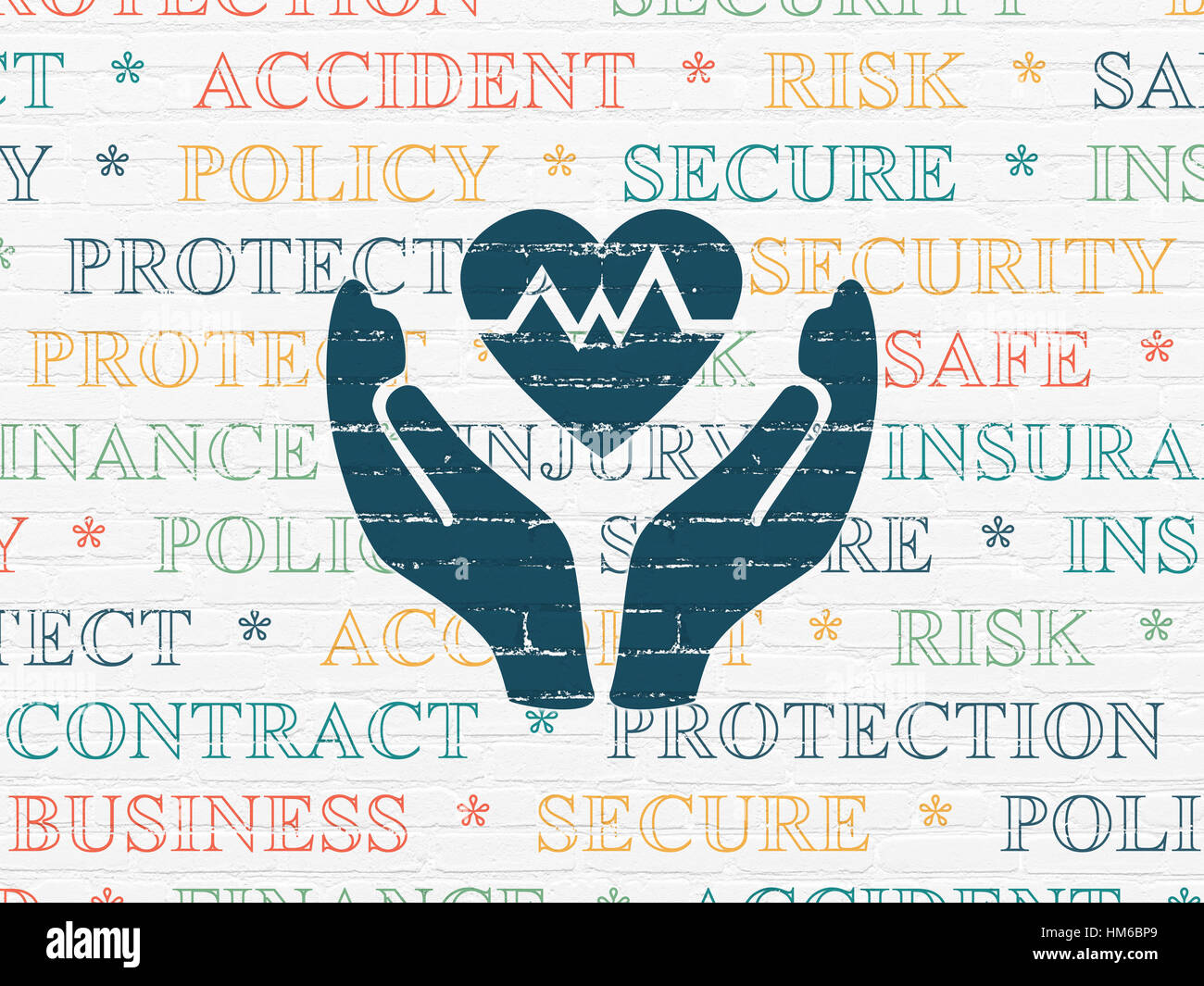 Concept d'assurance : coeur peint en bleu et blanc sur l'icône Palm brick wall background avec Tag Cloud Banque D'Images