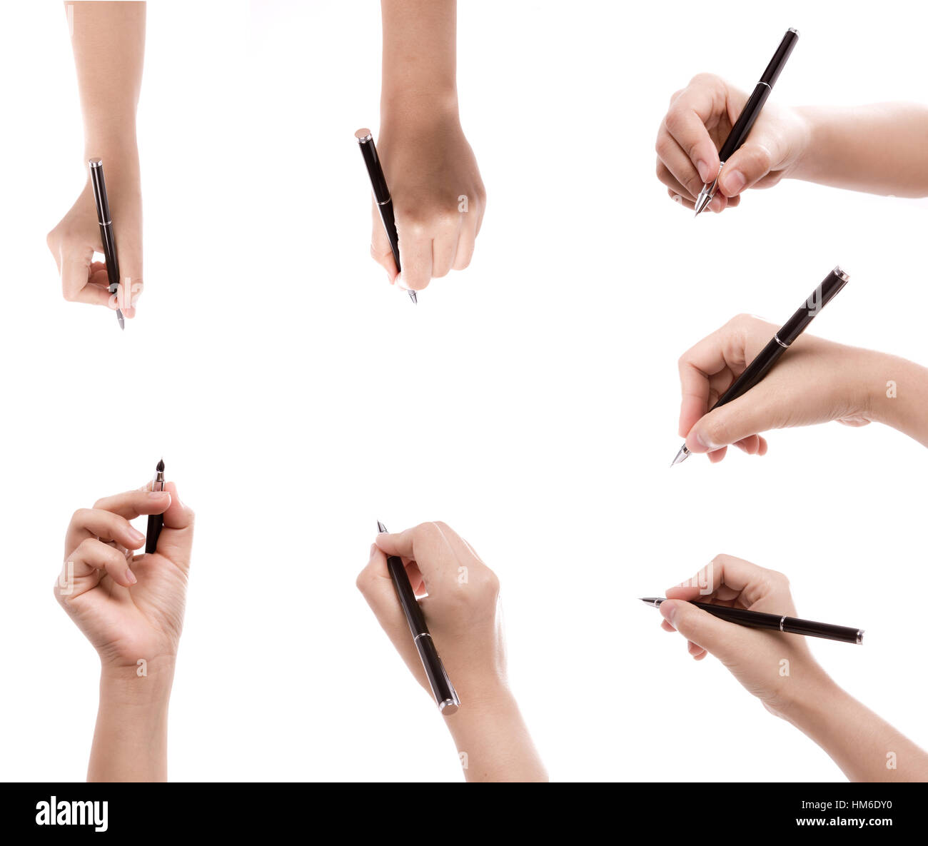 Différentes positions des mains avec un crayon sur un fond blanc Banque D'Images