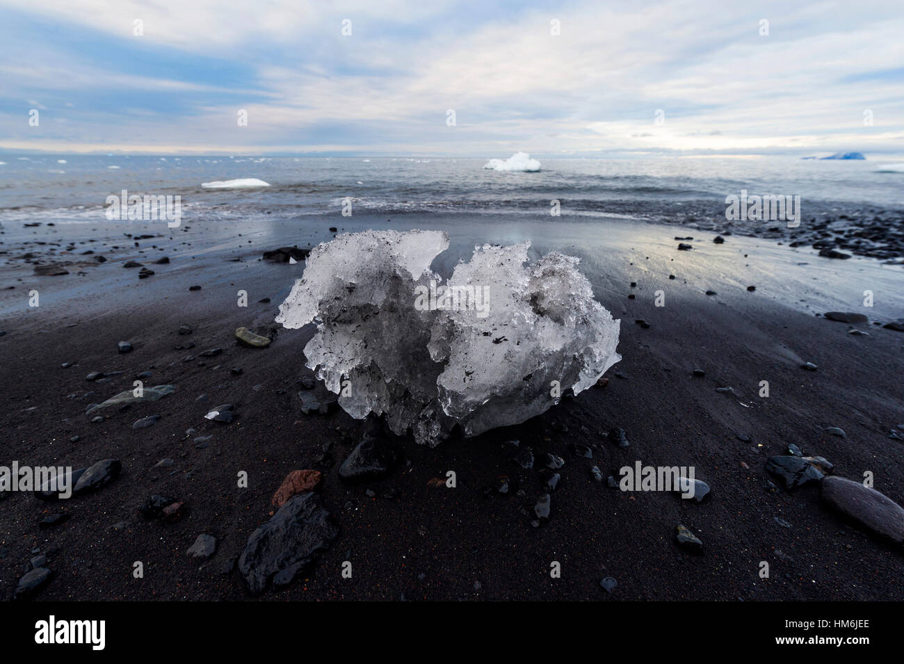 Un bloc de glace de glacier reposant sur une plage volcanique noire dans l'Antarctique. Banque D'Images