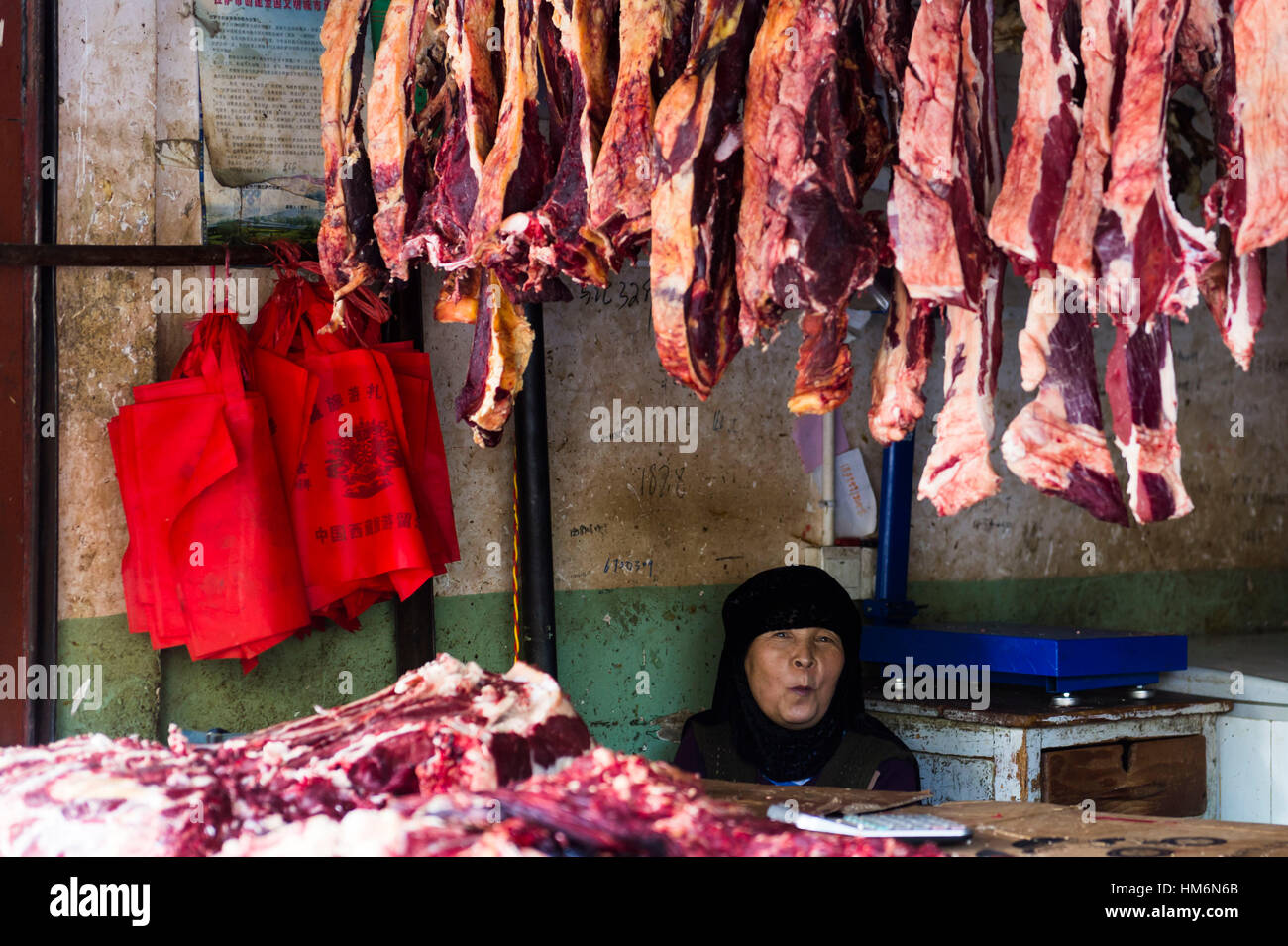Lhassa, vieille ville, boucherie Banque D'Images