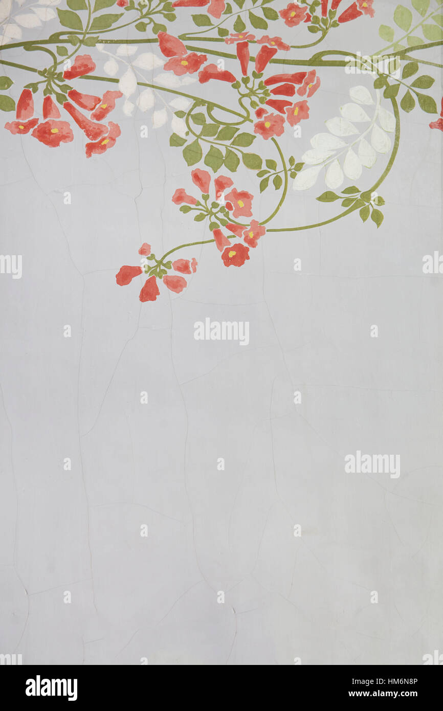 Vieux papier peint avec des fleurs rouges fleurs trompette, Campsis pattern, fond gris, Copy Space Banque D'Images