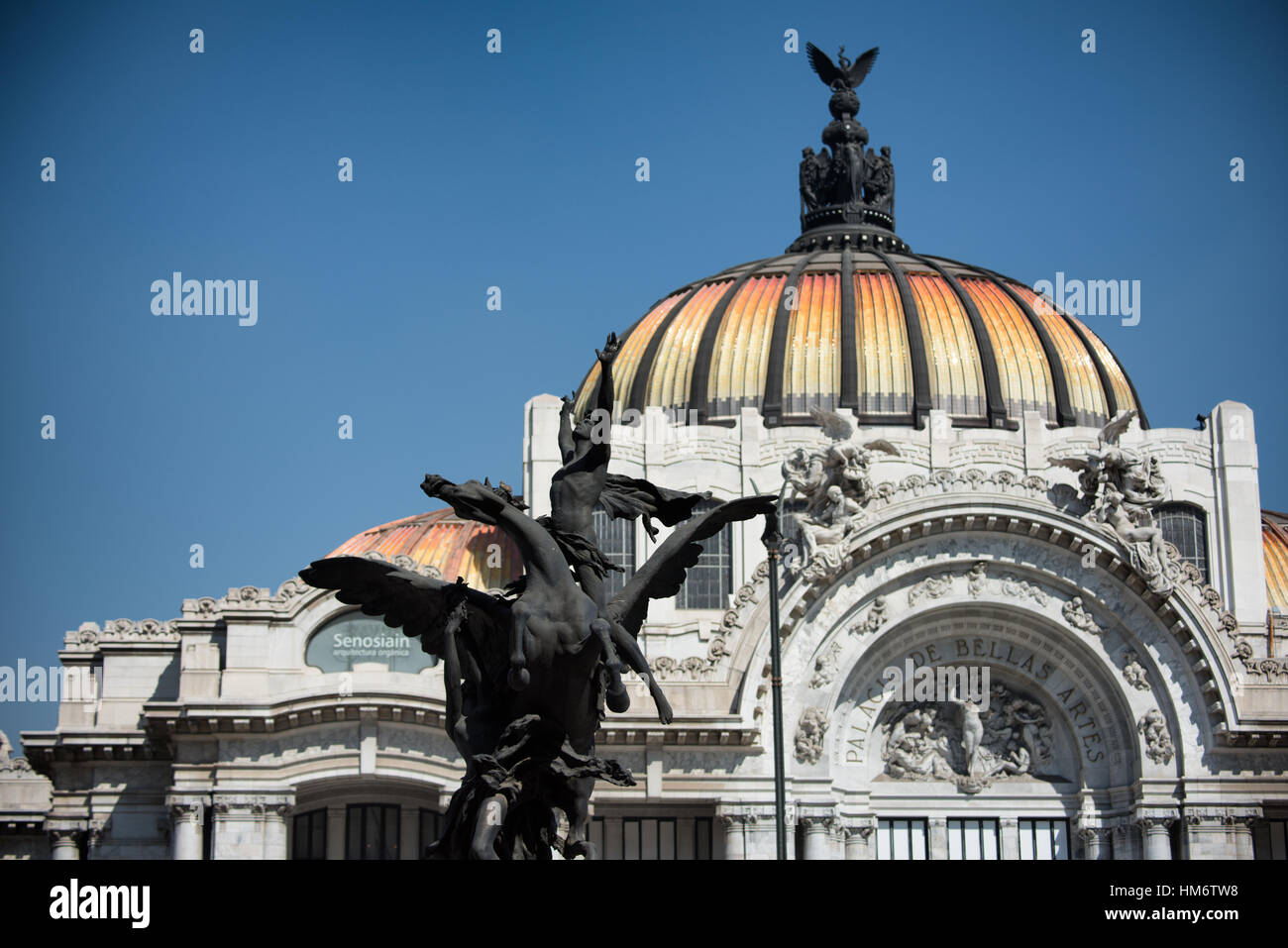 Palacio de Bellas Artes Pegasus sculpture Mexico // MEXICO CITY, Mexique — Une sculpture Pegasus du sculpteur espagnol Agustín Querol est au premier plan avec la Armonía (harmonie) du sculpteur italien Leonardo Bistolfi visible dans le fronton du bâtiment derrière. La spectaculaire sculpture de cheval ailé de Querol avec cavalier symbolise l'inspiration artistique et le génie poétique, initialement moulée à Madrid et arrivée au Mexique entre 1910 et 1911 sous le régime de Porfirio Díaz. Les quatre statues de Pegasus étaient initialement destinées au toit du palais, mais ont ensuite été déplacées sur la Plaza de Bellas Arte Banque D'Images
