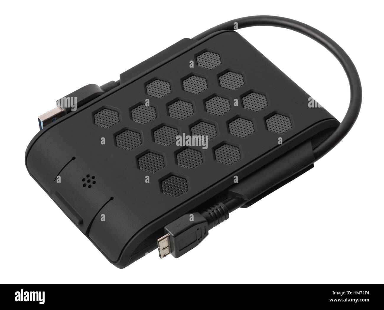 Le disque dur externe noir est isolé sur blanc. Regard sur un angle sur le dessus. Banque D'Images